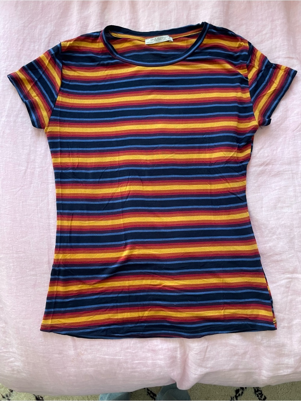 Zara Short-Sleeve Striped Tee in Navy, Red & Mustard